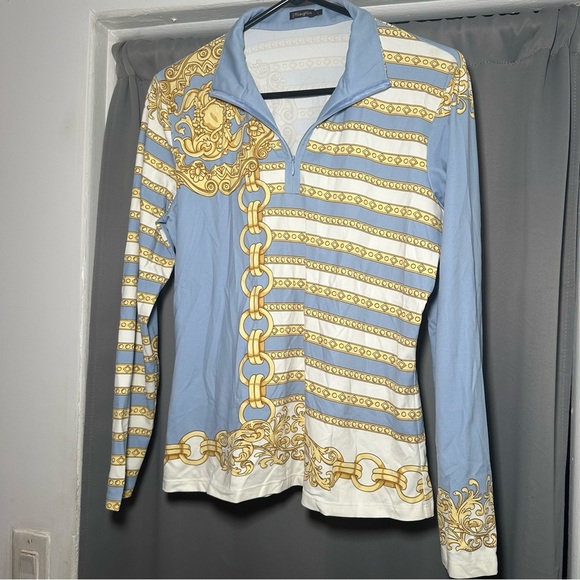 J.McLaughlin Catalina Cloth Blue & Gold Chain Print Long Sleeve Shirt Size Large - Picture 2 of 13